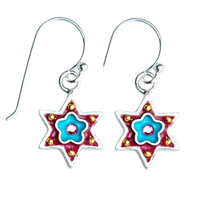 Blue Flower Star of David Earrings by Ester Shahaf