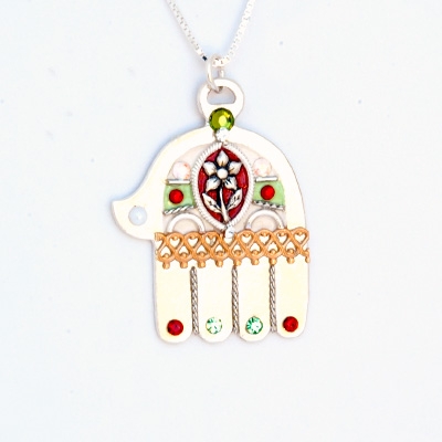 Large Silver Hamsa With Flower Necklace by Ester Shahaf