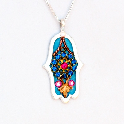 Blue with flower Hamsa Necklace by Ester Shahaf