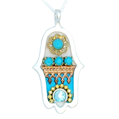 Blue & Gold Oriental Hamsa Necklace by Ester Shahaf - Judaica Jewelry