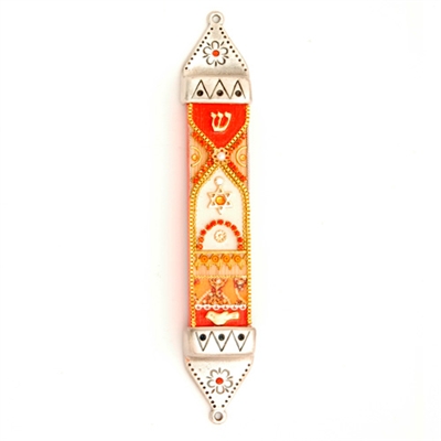 Orange  Wood & Pewter Mezuzah Case by Ester Shahaf