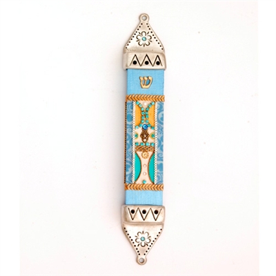 Turquoise  Wood & Pewter Mezuzah Case by Ester Shahaf