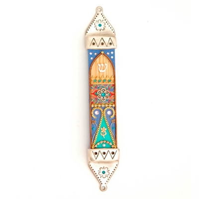 Purple & Green  Wood & Pewter Mezuzah Case by Ester Shahaf