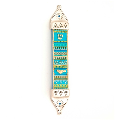 Multicolor Wood & Pewter Mezuzah Case by Ester Shahaf