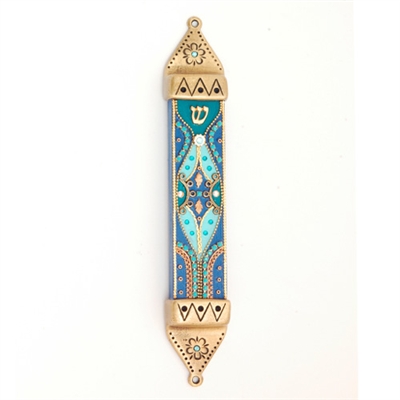 Blue Wood & Pewter Mezuzah Case by Ester Shahaf