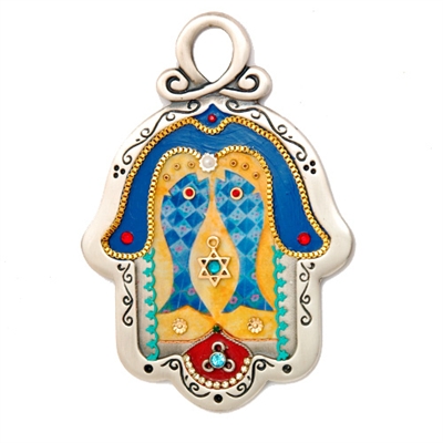 Blue & Orange Hamsa Hand with Fish by Ester Shahaf - Jewish Holidays Gifts