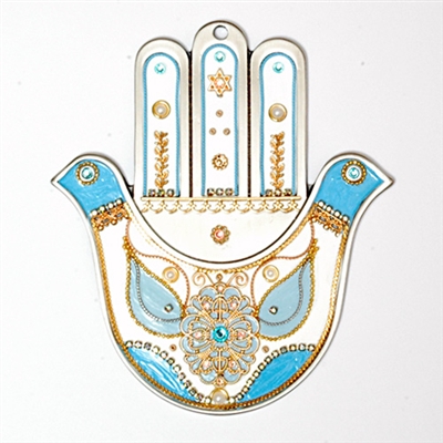 Blue & White Doves Hamsa Hand by Ester Shahaf - Judaica Gifts