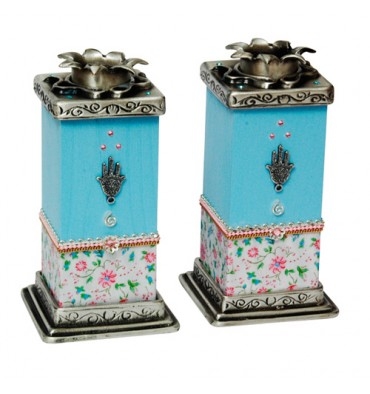 Hamsa Shabbat Candlesticks - Light Blue by Ester Shahaf