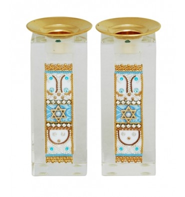 Light Blue Star of David Shabbat Candlesticks -Jewish Gifts by Ester Shahaf