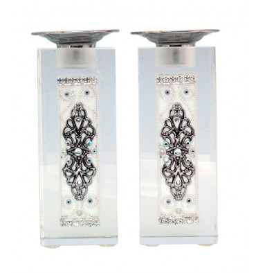 White Silver Crystal Shabbat Candlesticks by Ester Shahaf